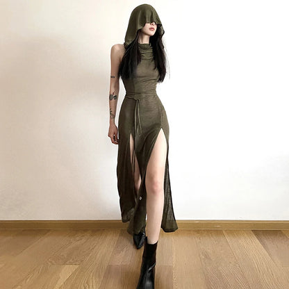 Xingqing Grunge Dress y2k Women Clothes Solid Color Sleeveless Hollow Out Back Slit Hooded Dress 2000s Halloween Party Dresses