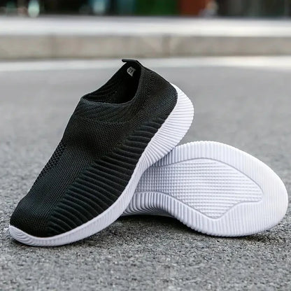 Women's Solid Color Sneakers Breathable Mesh Woven Outdoor Lightweight Low Top Walking Running Sports Socks Shoes Black White