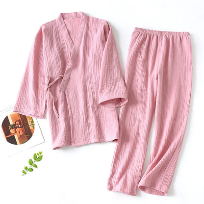2025 Japanese Kimono Set 100%Cotton Pajamas Two-piece Couple Yukata Loose Men's And Women's Sweat Steaming Suit Home Service Set Female 01