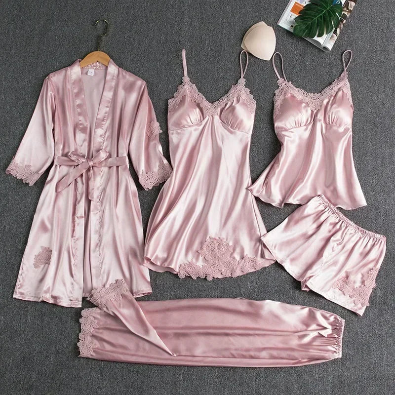 5-piece Set of Women's Sleepwear Sexy Silk Nightgown Lace Satin Nightgown V-neck Vest Breathable Comfortable Women's Nightgown skin powder