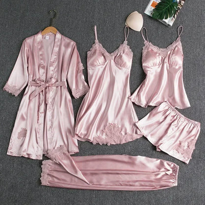 5-piece Set of Women's Sleepwear Sexy Silk Nightgown Lace Satin Nightgown V-neck Vest Breathable Comfortable Women's Nightgown skin powder