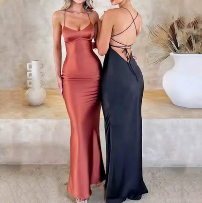 Sexy halter satin dress, a new autumn fashion backless strappy cinched-waist long dress Badiee Stylez