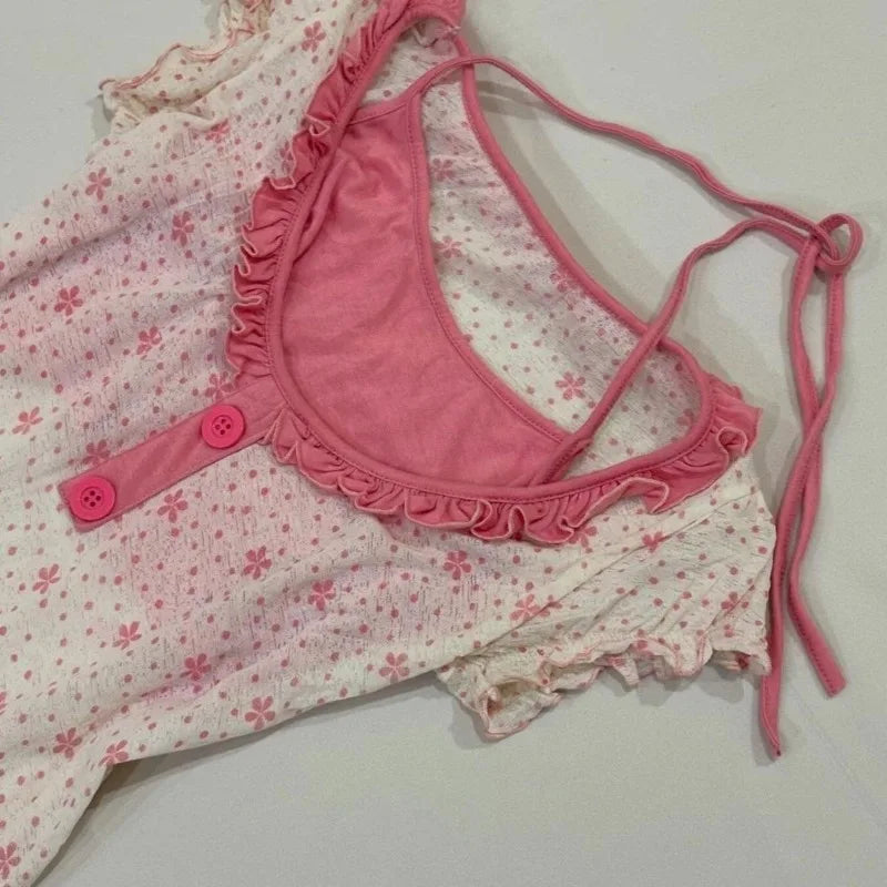 Retro Floral Print Fake Two-piece Short-sleeved T-shirt Women Y2K Millennial Hot Girl Sweet Slim Harajuku Street Casual Top