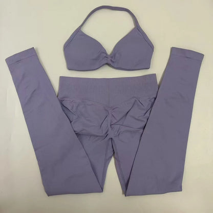 No Logo Seamless Yoga Set Women Workout Scrunch Leggings Set Strappy Halter Sports Bra Fitness Gym Clothing Workout Set 2 Pieces Badiee Stylez