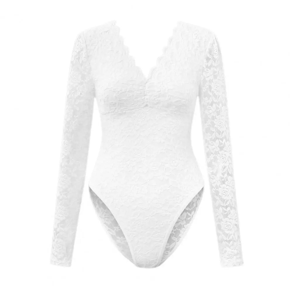 Slim Fit Bodysuit Elegant Lace Embroidered Bodysuit Deep V Neck Long Sleeve Playsuit Women's Slim Fit Spring Romper Lace