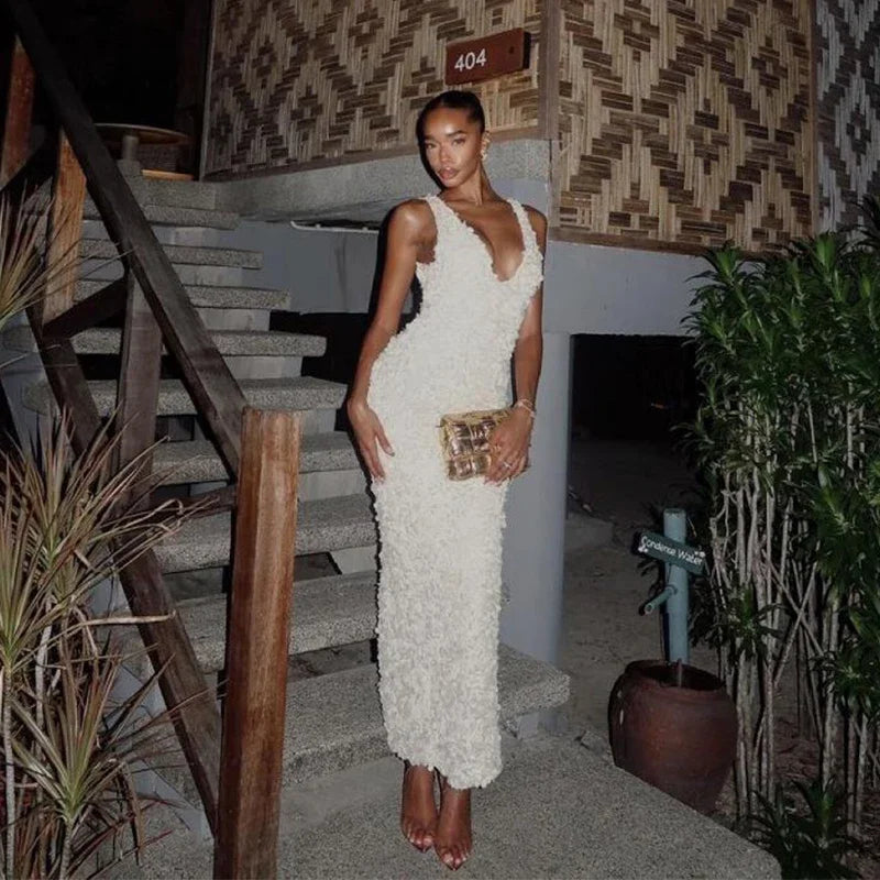 Sexy 3D Flower Deep V-neck Dress Women Slim Sleeveless Backless Split Hip Package Midi Dresses 2025 Spring Ladies New Vestidos