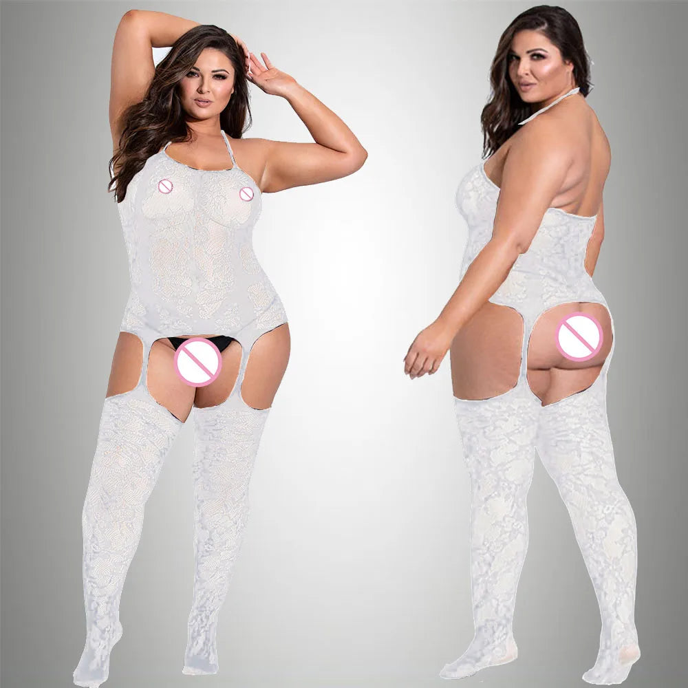2024 New Plus Size Bodystocking Bodysuits For Women Sexy Fishnet Lingerie Babydoll Dress Porno Underwear Mesh Stockings For Sex White Bodystocking One Size