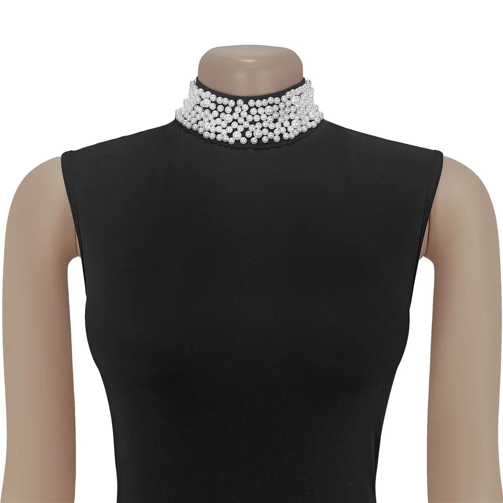 RLMABABY Elegant Splice Ruched Women Black Gown Long Bodycon Dress Pearl Stand Collar Sleeveless Club Party Sheath Maxi Dress