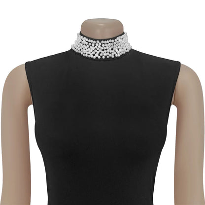 RLMABABY Elegant Splice Ruched Women Black Gown Long Bodycon Dress Pearl Stand Collar Sleeveless Club Party Sheath Maxi Dress