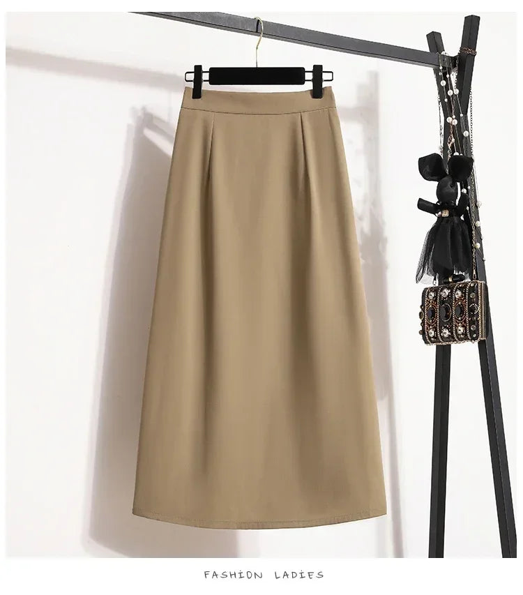 2025 Summer Female Fashionable Versatile Solid Skirts High Waisted Mid Length A-line Plus Size Skirt Split Wrap Body Skirt