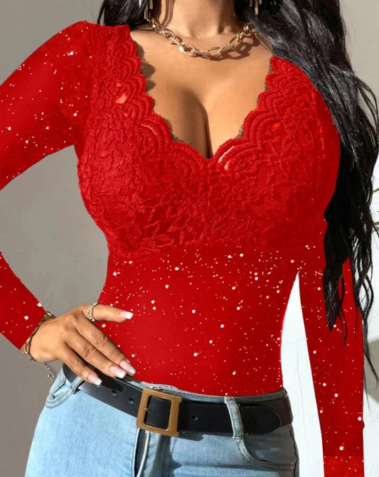 Blouse for Women Slim Deep V Neck T-Shirt 2025 Sexy Scallop Trim Lace Patchwork Glitter Flower Embroidery See-Through Shirt