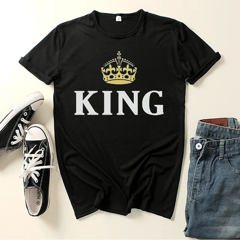 King Queen Crown Print Couple T Shirt Lovers Short Sleeve O Neck Loose Tshirt Fashion Woman Man Tee Shirt Tops Clothes King