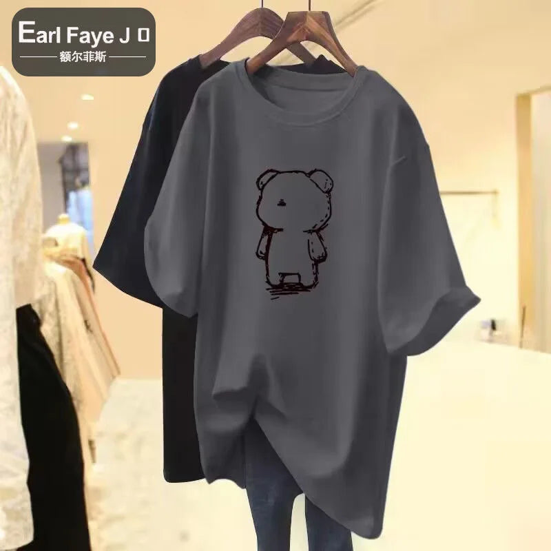 Cartoon Bear Cotton Print Summer Fashion Women's T-shirt Kawaii Casual Plus Size Short Sleeve Loose Street Sport T-shirt Top CM072002-JCS