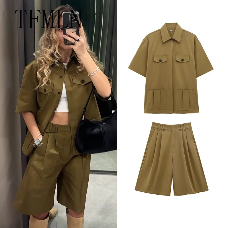 TFMLN Spring Summer New 2pcs Sets 2025 Women Solid Color Short Sleeve Shirts Pockets Tops Casual Shorts Sets