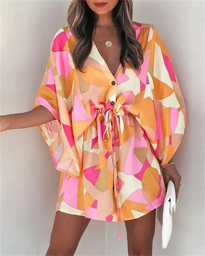 Women Print Dress Sexy V-Neck Bat Sleeve Ruffl Flowers Print Bohemian Beach Sundress Ladies Loose Summer Vacation Mini Dresses Pink