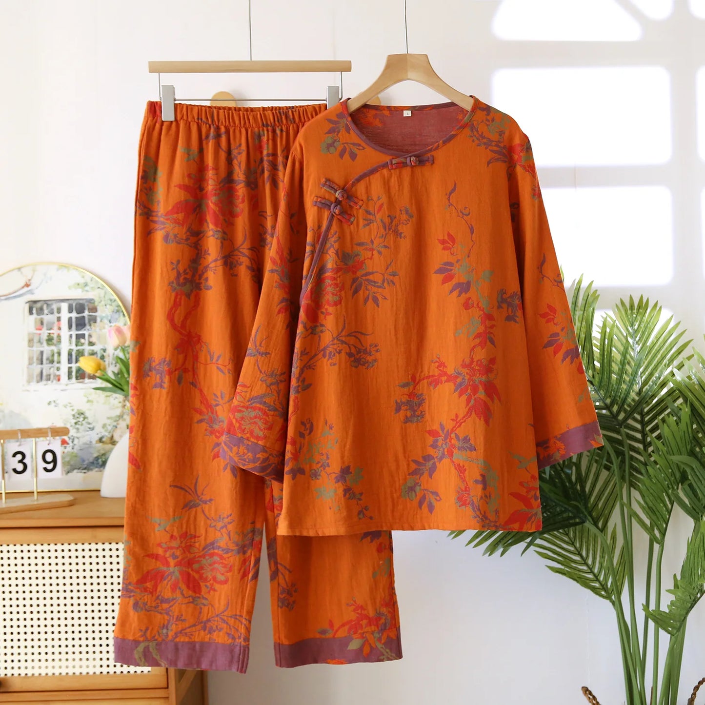 Women's Retro Long-sleeved Trousers Loungewear Set Yarn-dyed Double-sided Jacquard Thin Pajamas Round Neck Chinese Style Pijama