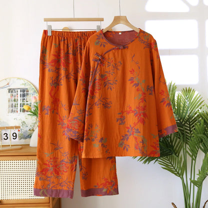 Women's Retro Long-sleeved Trousers Loungewear Set Yarn-dyed Double-sided Jacquard Thin Pajamas Round Neck Chinese Style Pijama