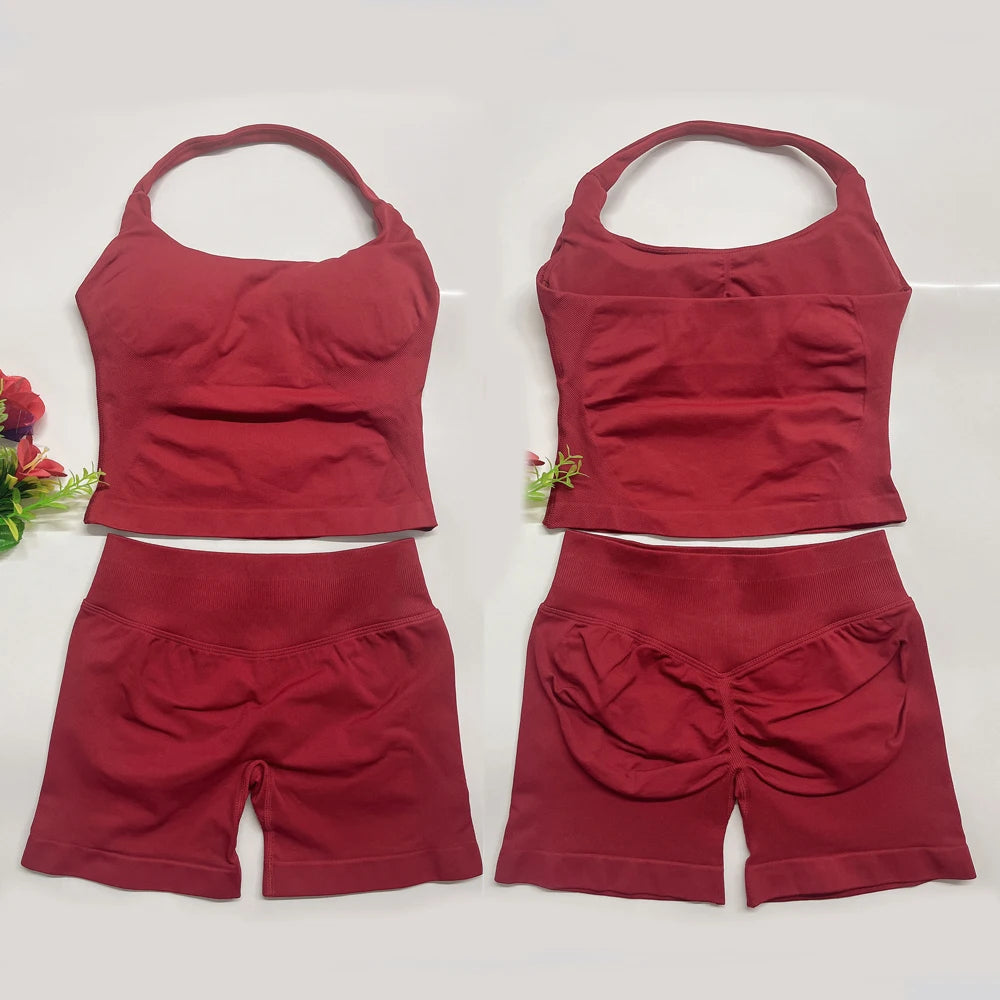 two piece DF yoga clothing set outfits woman yoga Impact Halter Top and spors shorts 4.5 inch Gym workout sets pilates clothes Badiee Stylez