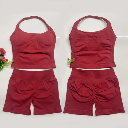 two piece DF yoga clothing set outfits woman yoga Impact Halter Top and spors shorts 4.5 inch Gym workout sets pilates clothes Badiee Stylez