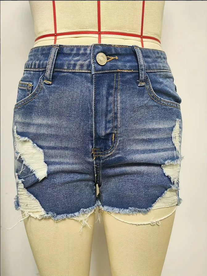 Ripped Raw Denim Shorts For Women Fashion A-line Hem Female Summer Hot Pants Streetwear Blue Clothing Skinny Sexy Retro Leisure Badiee Stylez