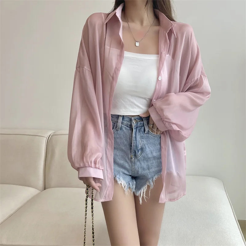 Semi Sheer Long Sleeve Shirt for Women Shimmer Button Down Collared Plain Lightweight Shirt Spring Summer Chic Tops Outfit