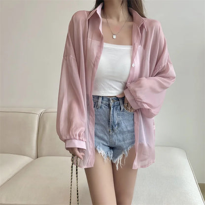Semi Sheer Long Sleeve Shirt for Women Shimmer Button Down Collared Plain Lightweight Shirt Spring Summer Chic Tops Outfit
