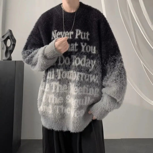 Gradient Letters Retro Sweater Men's Autumn Winter Loose Fashion Brand Handsome Clothes American Trendy Lazy Style Knitted Badiee Stylez