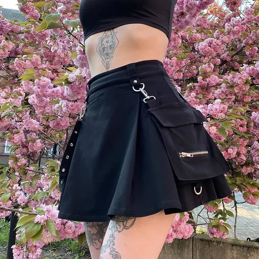 Harajuku Punk Gothic Black High Waist Black Skirts Women Sexy Patchwork Bandage Mini Female Streetwear Black Skirt 9508