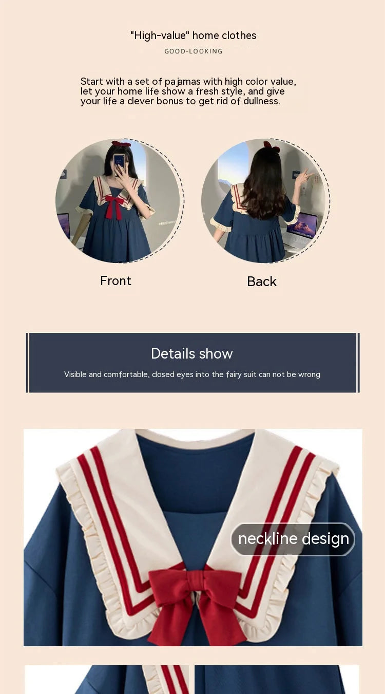 Pajamas Two-Piece Female Spring and Summer New Short-Sleeved Princess Navy Wind Sweet and Cute Students Cartoon Ladies Homewear