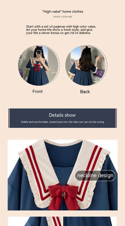 Pajamas Two-Piece Female Spring and Summer New Short-Sleeved Princess Navy Wind Sweet and Cute Students Cartoon Ladies Homewear