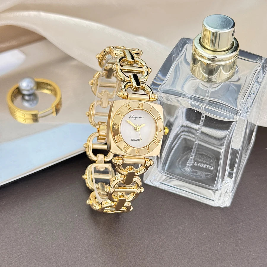 High-End Women's Skeleton Design Watch Square Roman Hour Markers Light Luxury Fashion Cross-Border Best-Seller Ladies Watch