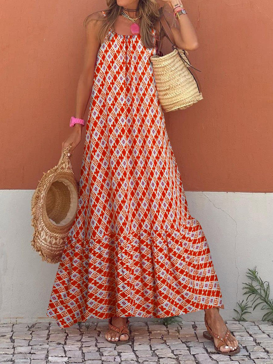 Women's Sleeveless Long Boho Dress Summer Loose Print Spaghetti Strap Flowy Dresses Bohemian Sundress Beachwear Party Coctail