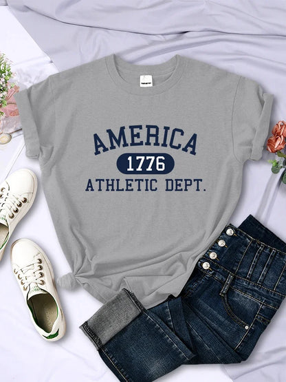 America 1776 Athletic Dept Letter T-Shirt Female Sport Casual Crop Top Cool Hip Hop Tee Shirt Soft Breathable T Shirt Women H2031-Gray
