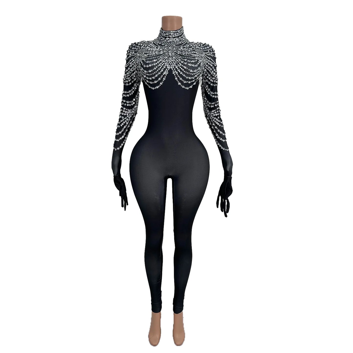 High Elasticity Large Sized Women Jumpsuit Shiny Red Shawl Rhinestone Tight Pants with Glove Acrobatic Pole Dance Costume pijian Badiee Stylez