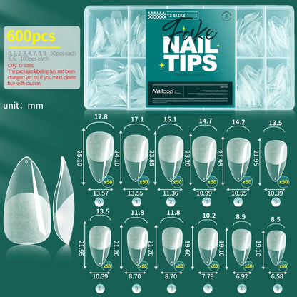 NAILPOP Soft Gel Nail Tips 600PCS Pre-Buff Full Cover Coffin Almond Oval Shaped Nail Extenison Tips Half Matte Gel X Fake Nails M-Almond-600