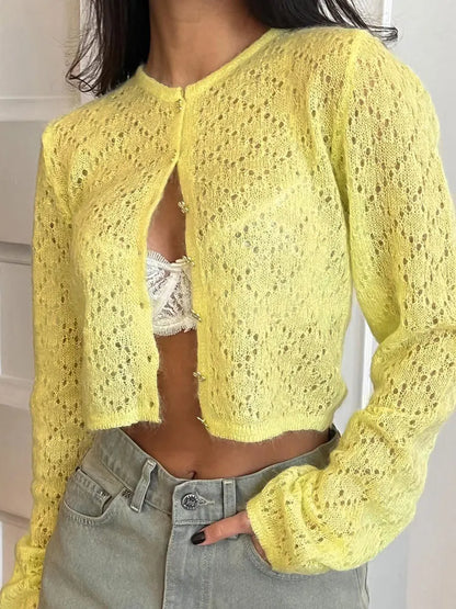 Tossy Summer Knitwear Hollow Out Cardigan Female Long Sleeve Casual Cropped Top Patchwork See-Through Knit Cardigan Outwear 2025