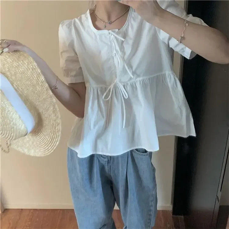 Ruffles Shirts and Blouses Korea Short Sleeve Top Women 2024 Summer Lace-up Sweet Blouses Cute Elegant Solid Sweet Folds Clothes