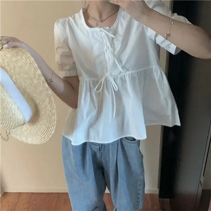 Ruffles Shirts and Blouses Korea Short Sleeve Top Women 2024 Summer Lace-up Sweet Blouses Cute Elegant Solid Sweet Folds Clothes