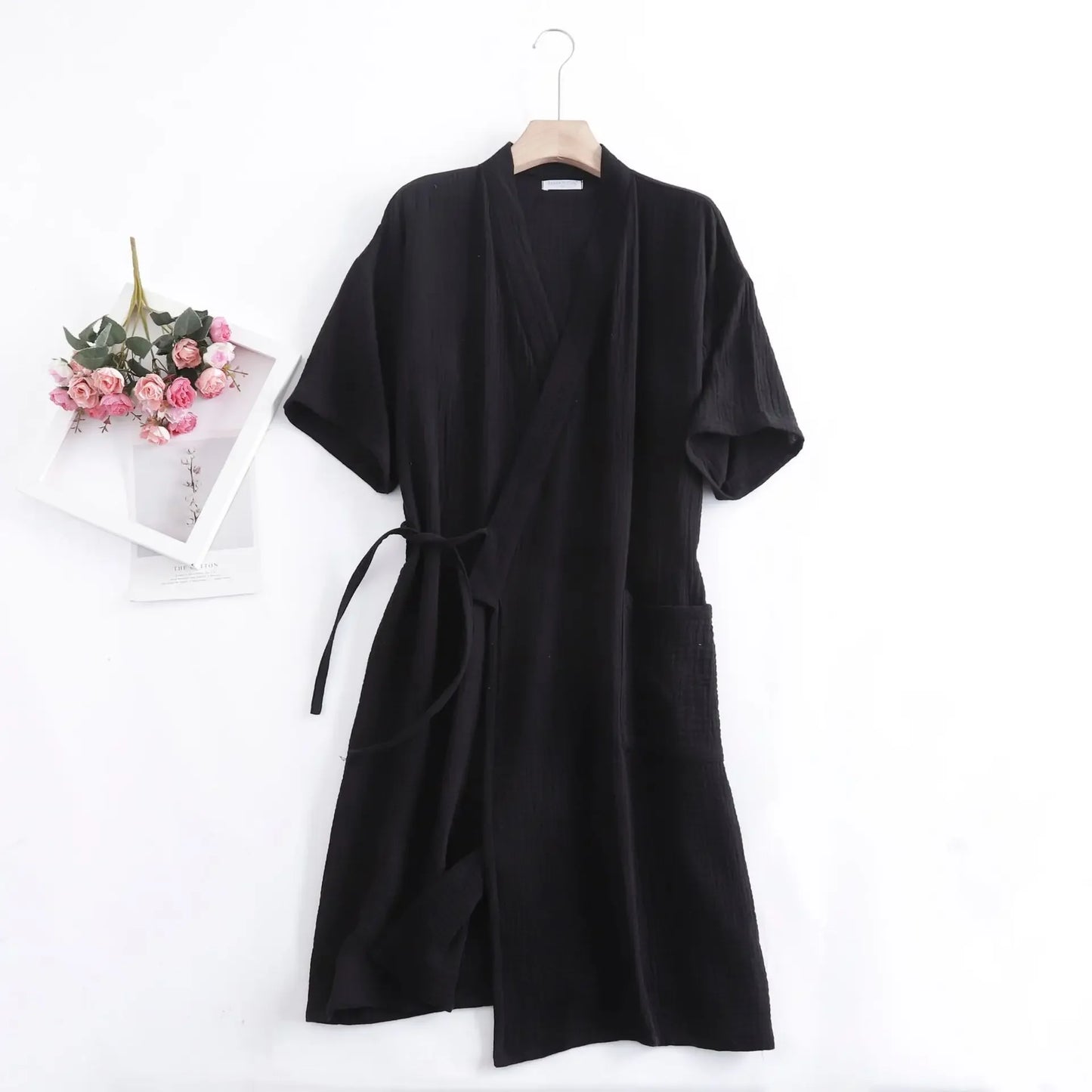 Summer 100% Cotton Gauze Crepe Short Sleeve Robes for Women and Men Solid Bathrobe Loose Soft Japanese-style Kimono Robe 2021