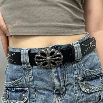 New Men's Belt Bohemian Style Vintage Inlaid Skeleton Head Women's Belt Riveted Belts Six Star Belt Punk Rock Sexpot Y2K Belts