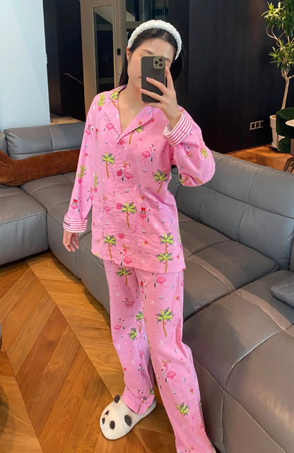 Women's Print Cotton Pajama Set Long Sleeve Autumn Winter Ladies Sleepwear 2 Pcs with Pant Single Breasted Pijama Suit Female