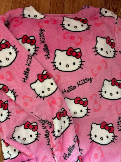 Winter Hello Kitty Pajamas Set Flannel Pants Kawaii Cartoon Pajama Suit Warm Thickened Woman Pants Plush Homewear Cute Sleepwear