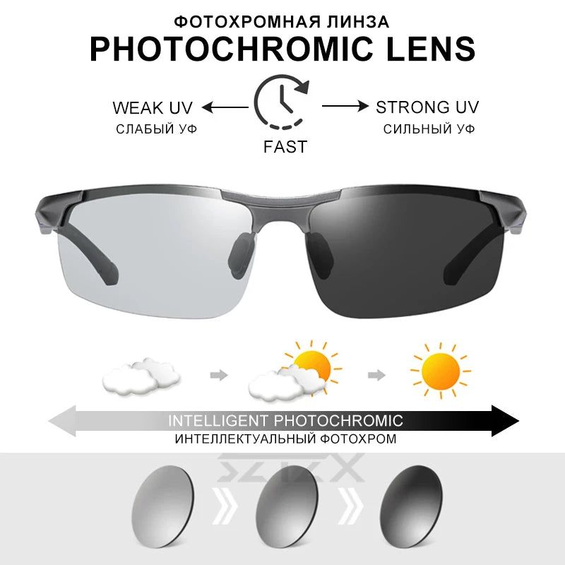SZTZX Aluminum Rimless Photochromic Sunglasses Men Polarized Day Night Driving Glasses Chameleon Anti-Glare Sport gafas de sol