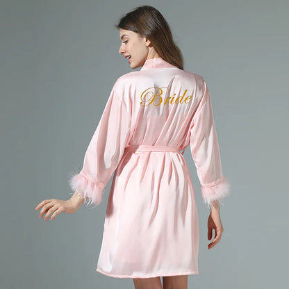 Kimono Bride Bridesmaid Robe Loungewear Wedding Bathrobe Gown Feather Women Embroidery Letter Sleepwear Short Satin Nightgown Pink Bride