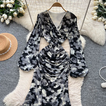 Chic vintage long sleeve Criss-Cross print pleated Elegant Fairy korean fashion dress women clothing Long dress