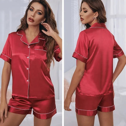 Spring Autumn Silk Pajamas Set for Women Casual Soft Nightwear Long Shirt Tops and Long Pants Cardigan Sleepwear Homewear Red 2