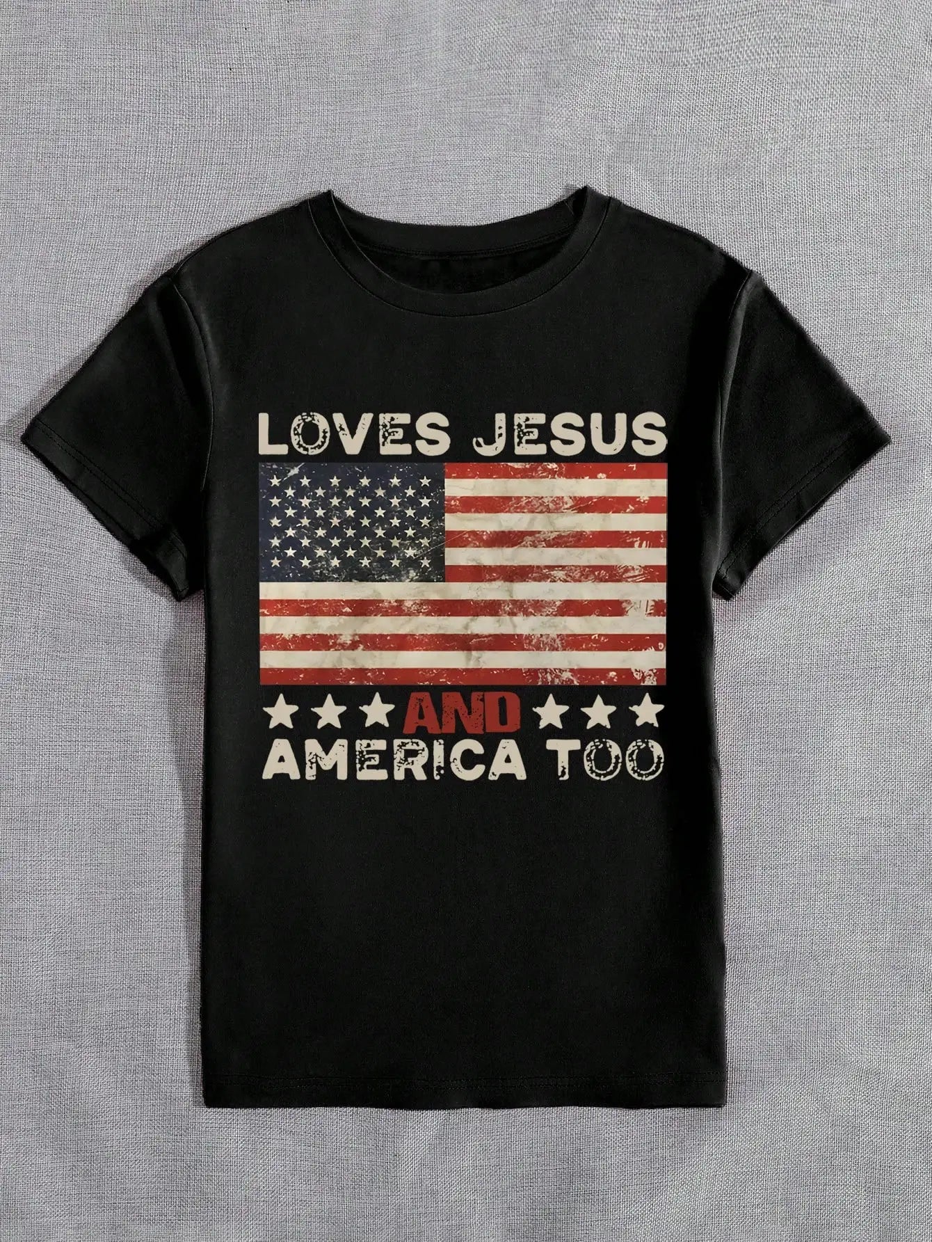 Plus Size Patriotic Tee Featuring Loves Jesus And America Too Message With Vintage American Flag Print