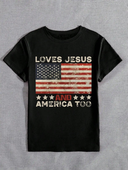 Plus Size Patriotic Tee Featuring Loves Jesus And America Too Message With Vintage American Flag Print