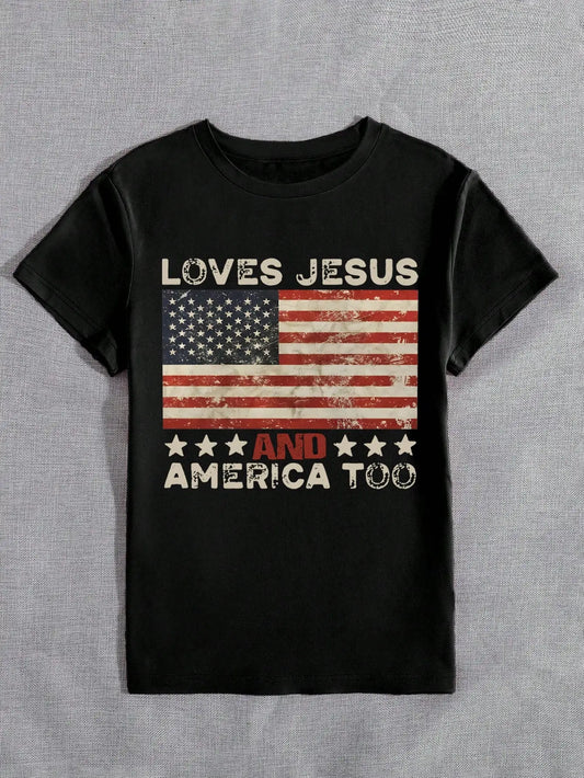 Plus Size Patriotic Tee Featuring Loves Jesus And America Too Message With Vintage American Flag Print