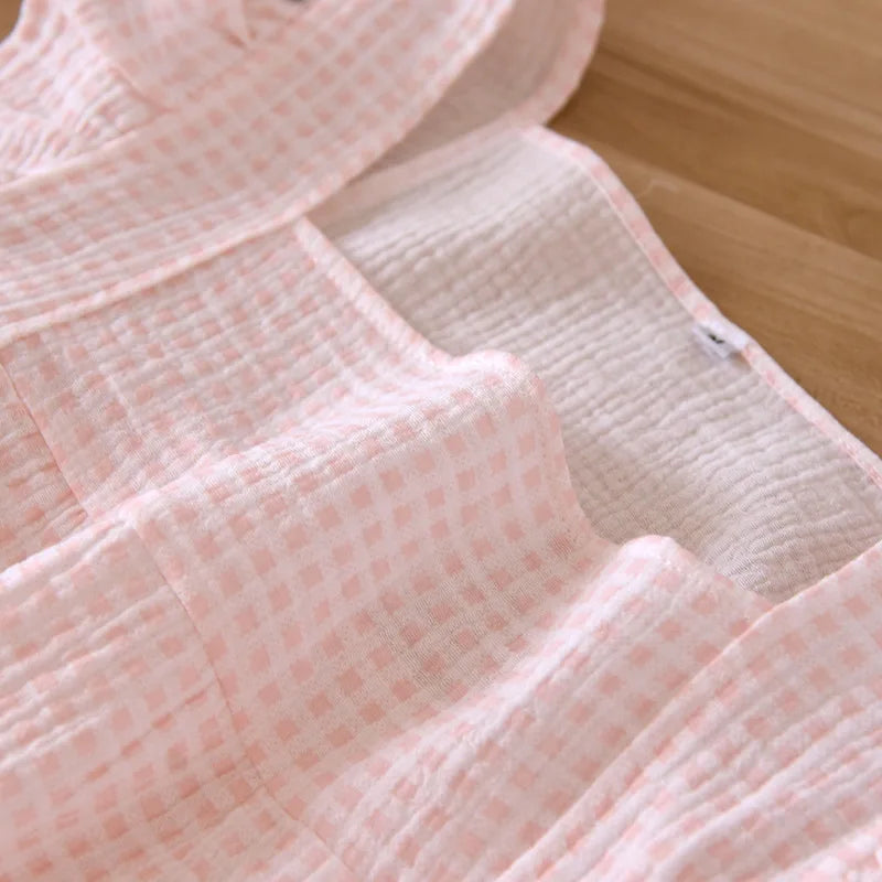 2025 Japanese summer new women's pajamas suit short-sleeved shorts two-piece 100% cotton crepe simple checked thin home clothes